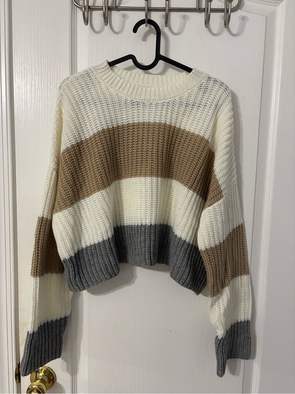 Moon & Madison Striped Cropped Knit Sweater - Cream, Brown & Gray